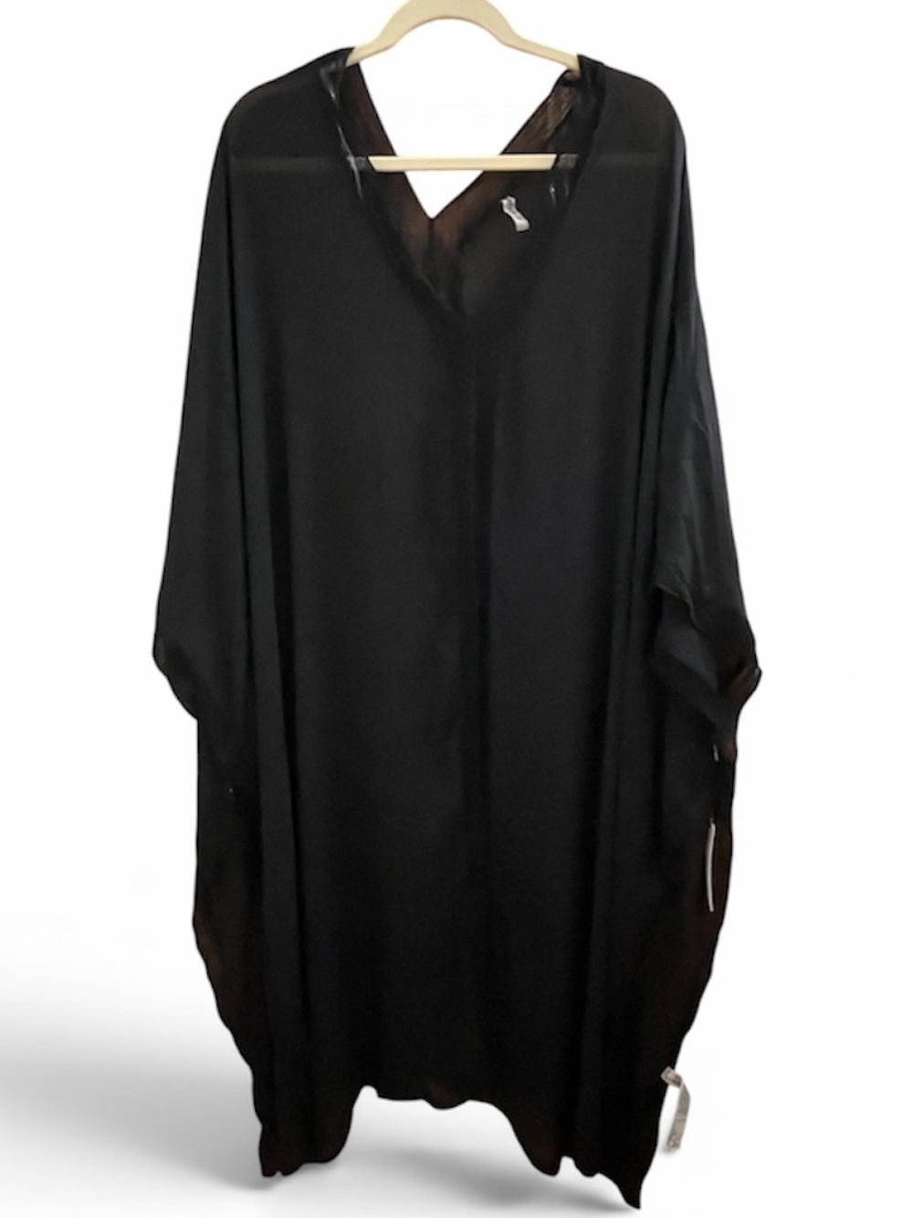 Black Semi-Sheer V-Neck Flowy Loose Fit Swim Coverup Resort Pool Beach Large NWT